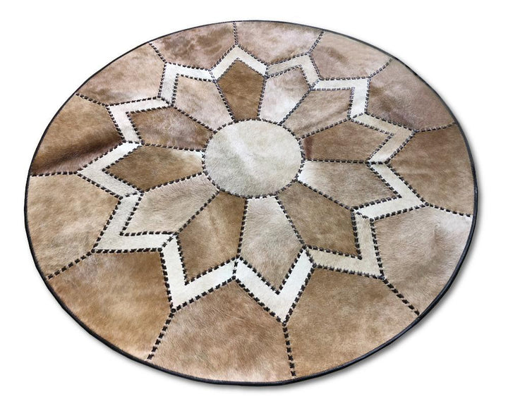 Light Brown Flower Cowhide Patchwork Round Rug