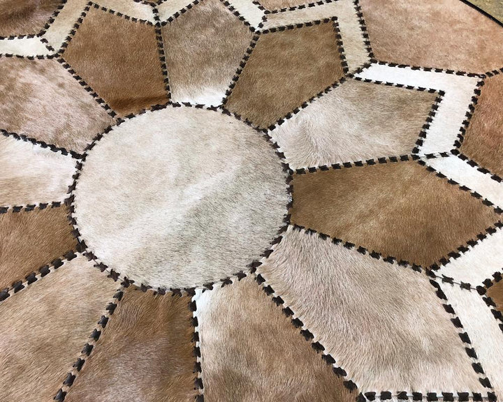 Light Brown Flower Cowhide Patchwork Round Rug