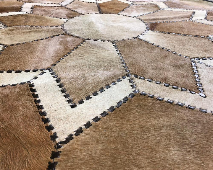 Light Brown Flower Cowhide Patchwork Round Rug