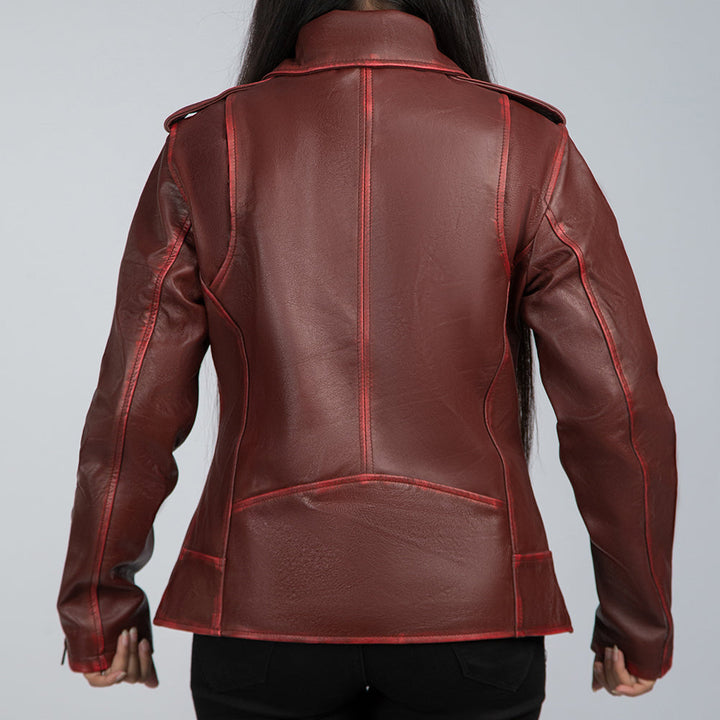 Angel Maroon Leather Biker Jacket Back