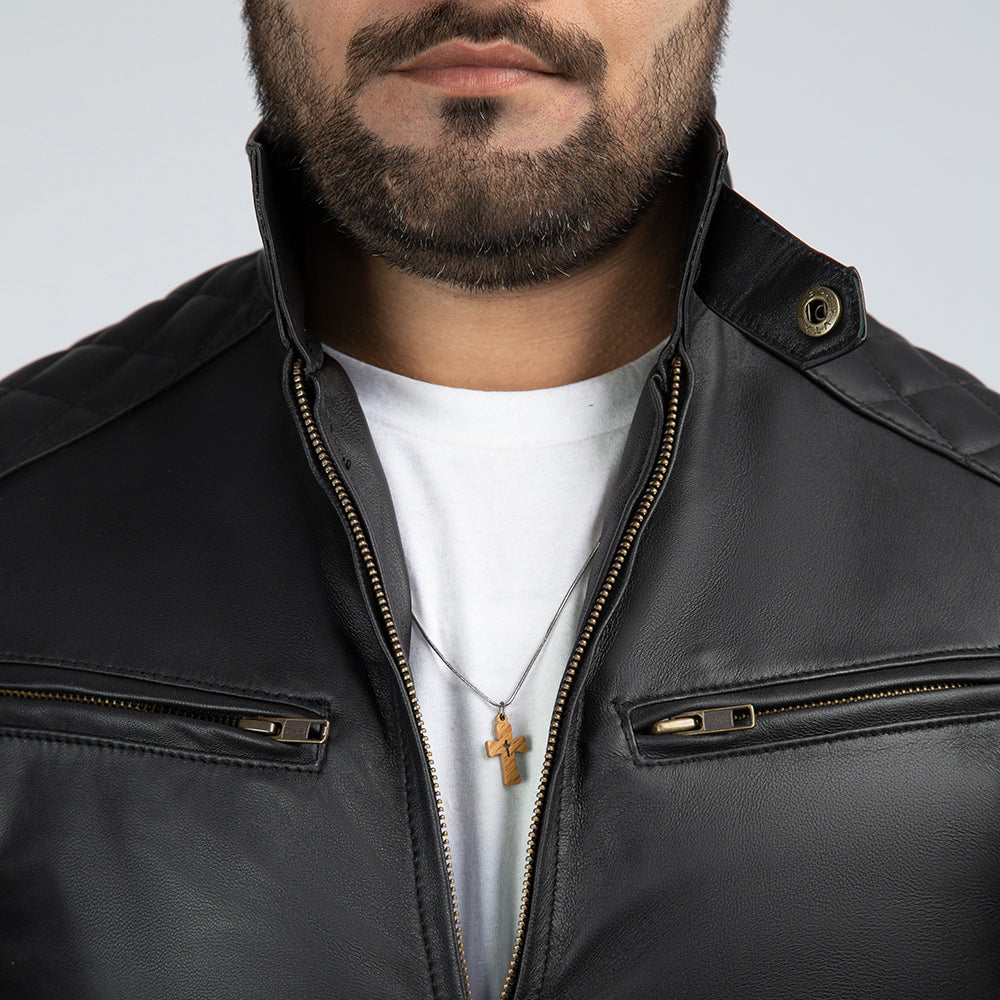 Casual Black Leather Bomber Jacket Close