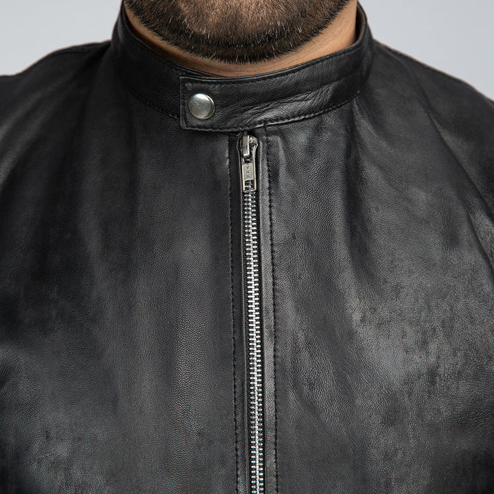 Casual Black Mens Leather Jacket Close