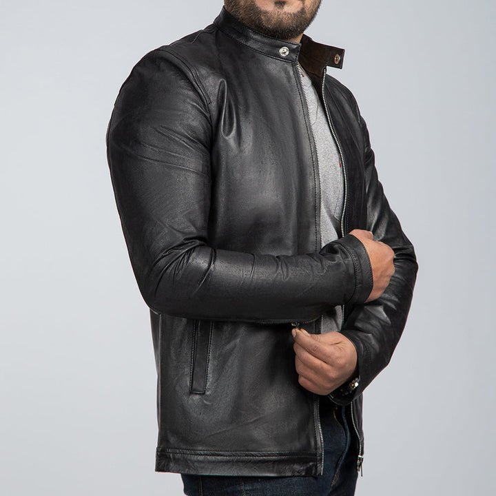 Casual Black Mens Leather Jacket Side