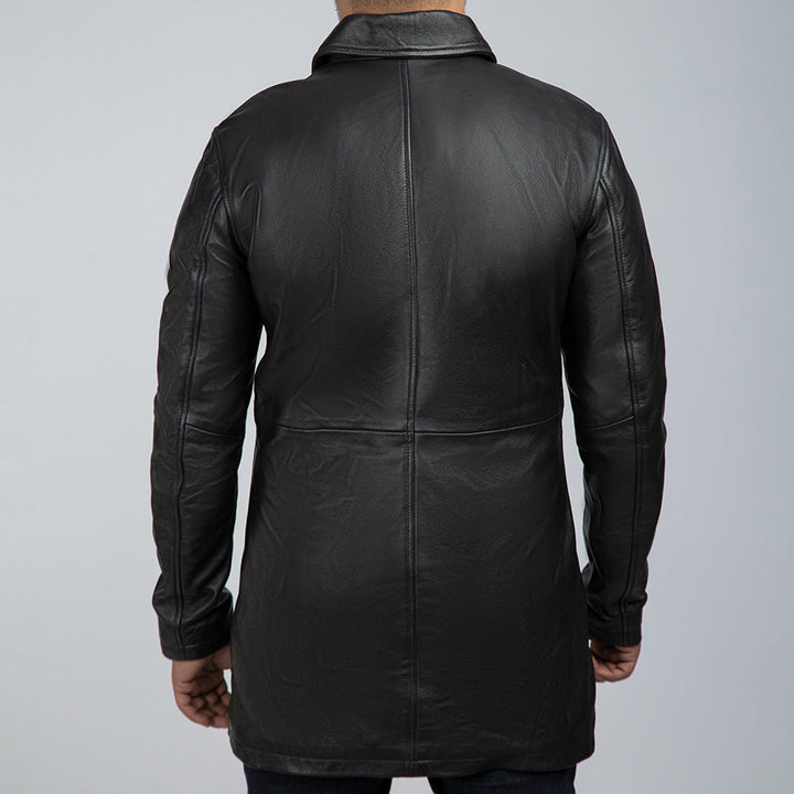 Charles Black Leather Trench Coat Back