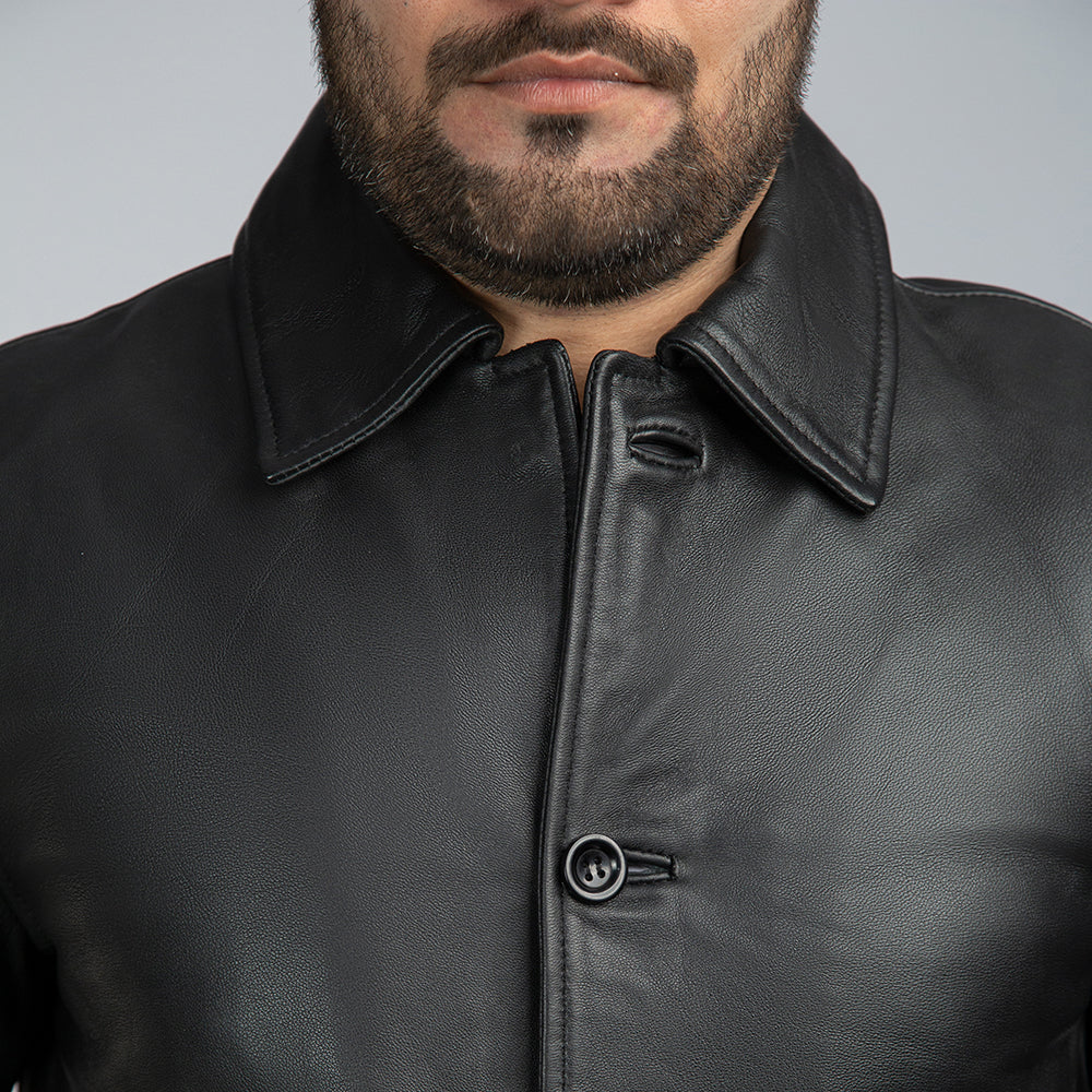 Charles Black Leather Trench Coat Close