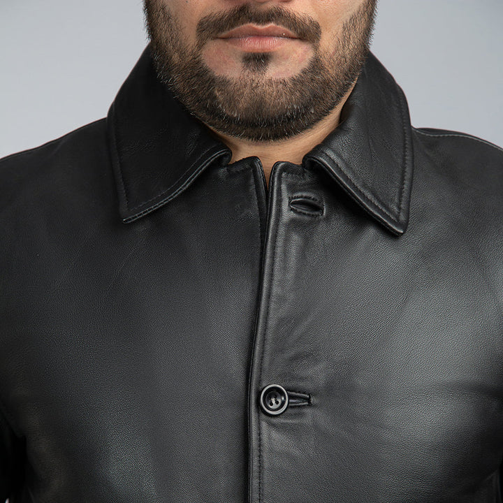 Charles Black Leather Trench Coat Close