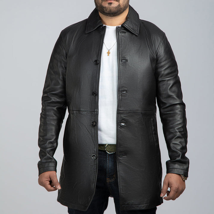 Charles Black Leather Trench Coat Front Open