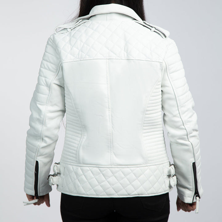Chelsea White Leather Biker Jacket Back