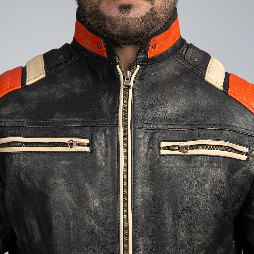 Distressed Black Biker Jacket Close