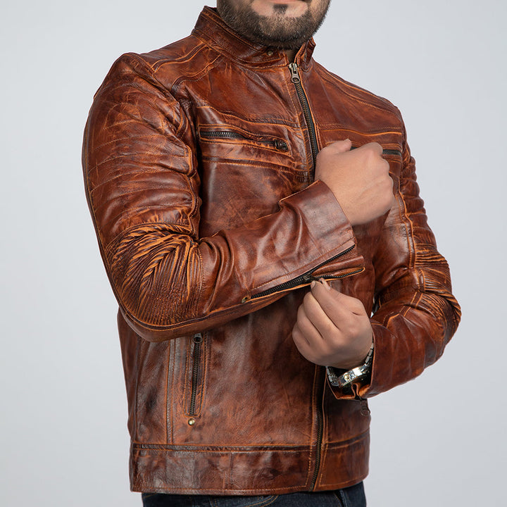 Cowboy Brown Vintage Leather Jacket Side Pose