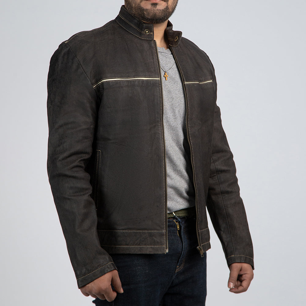 Dark Brown Suede Biker Jacket Side Pose