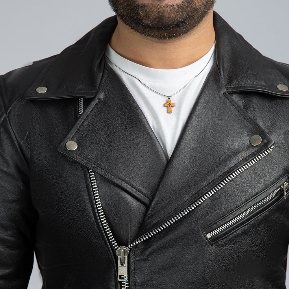David Black Leather Biker Jacket Close