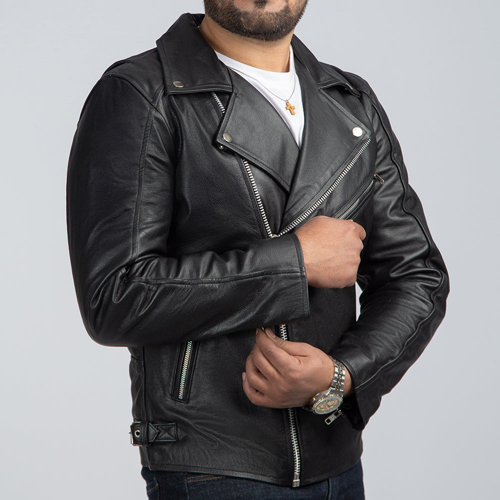 David Black Leather Biker Jacket Side Pose