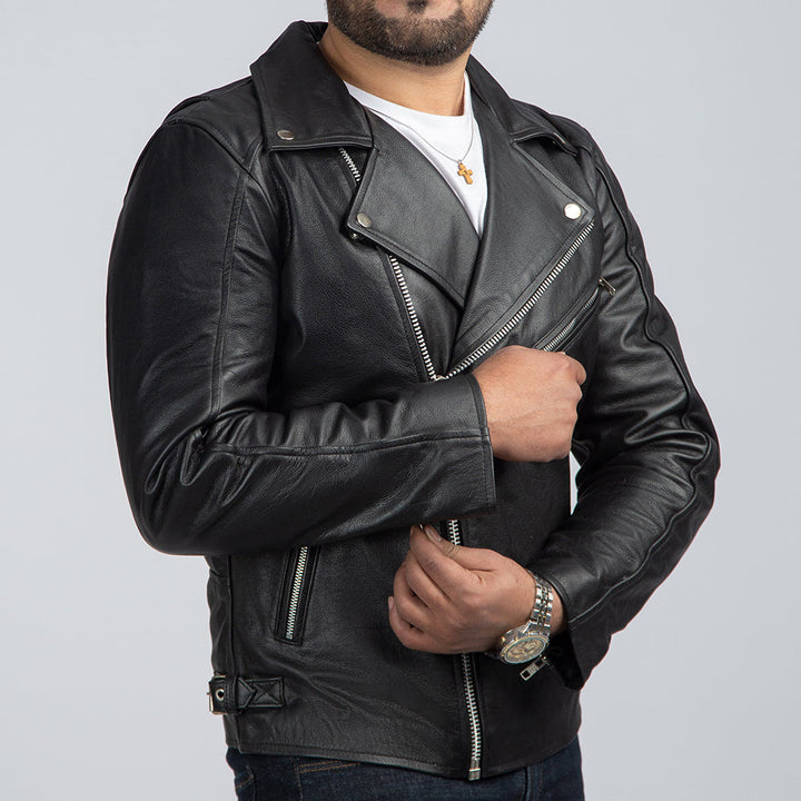 David Black Leather Biker Jacket Side Pose