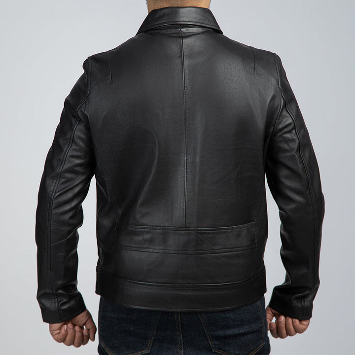 John Black Leather Biker Jacket Back