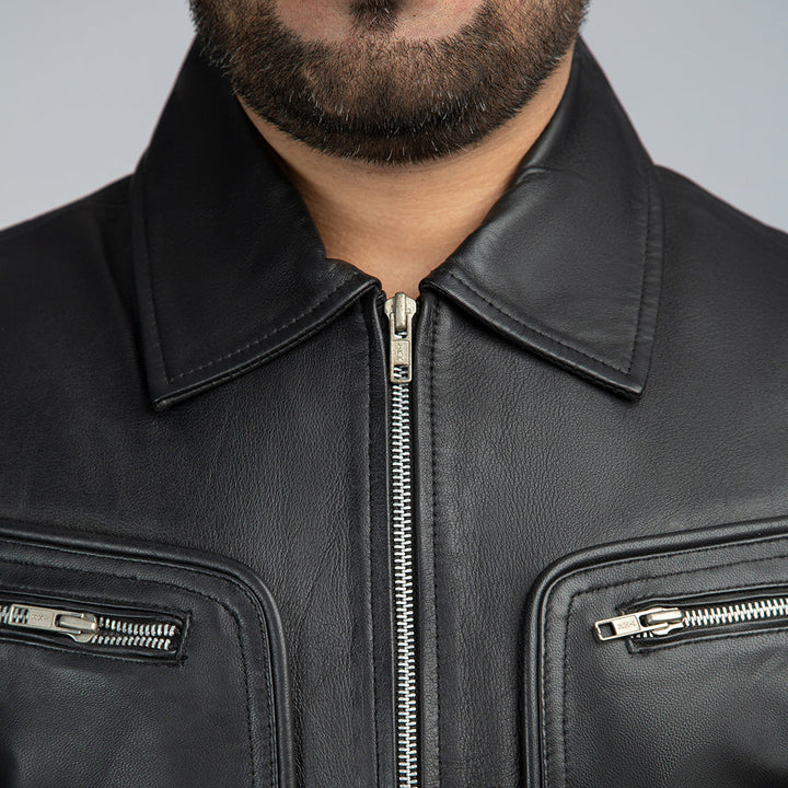 John Black Leather Biker Jacket Close