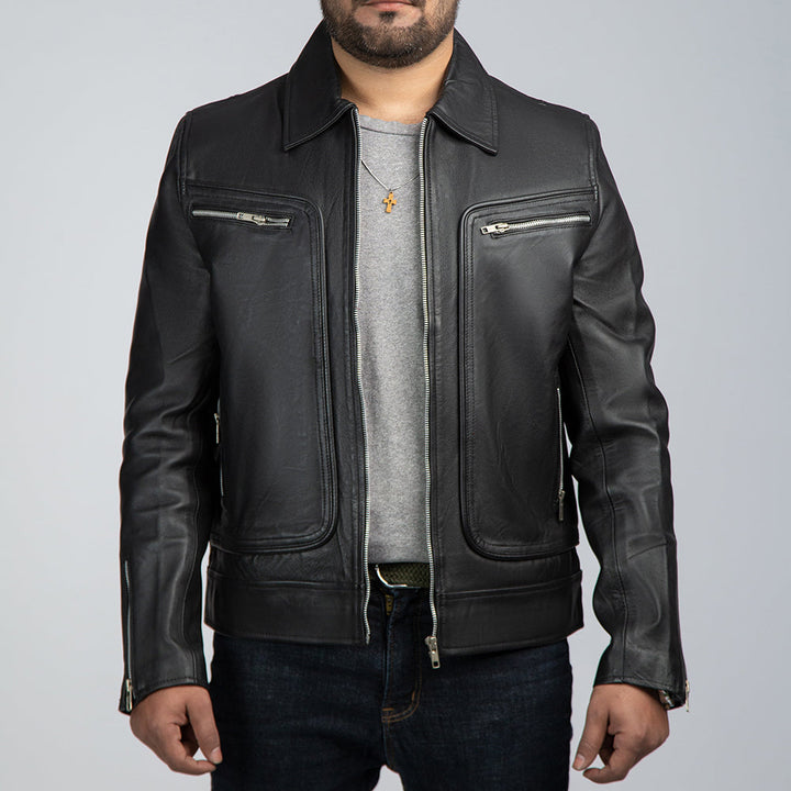 John Black Leather Biker Jacket Front Open