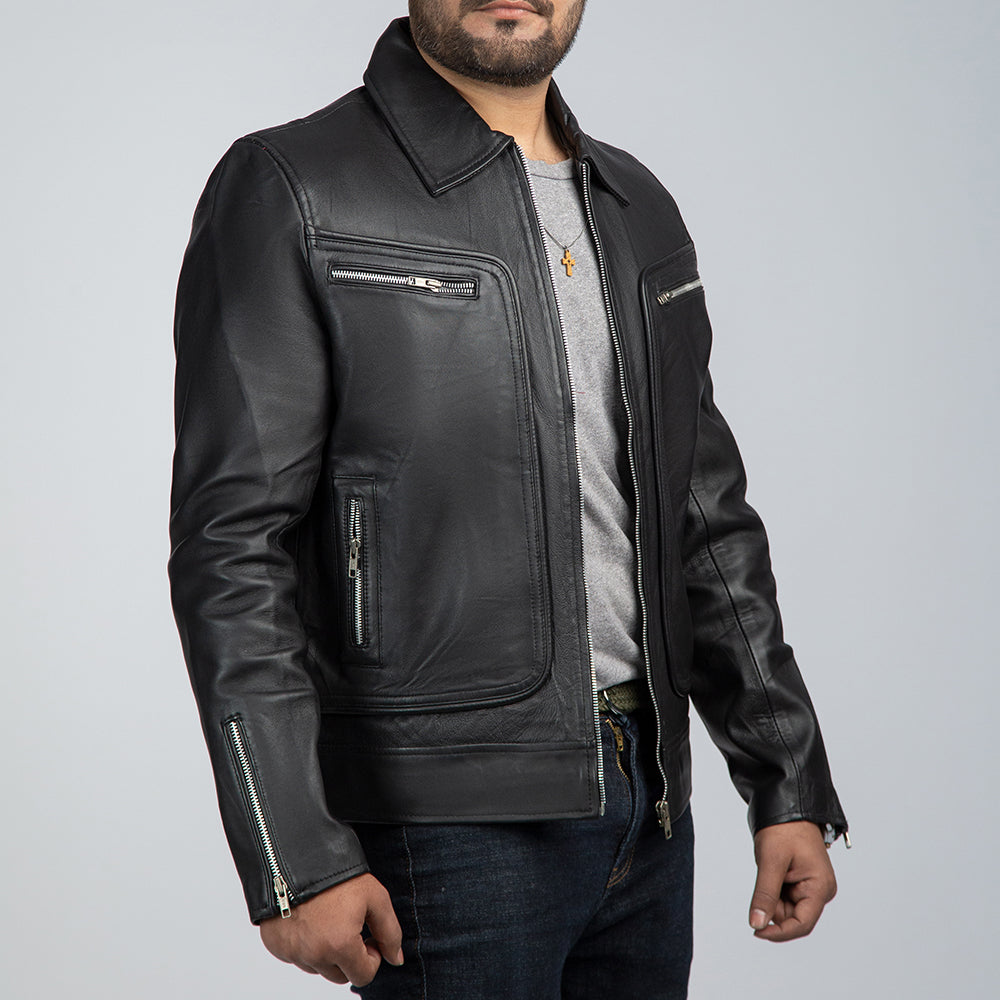John Black Leather Biker Jacket Side