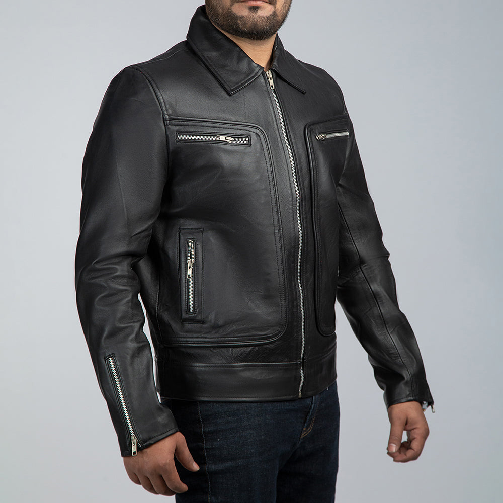 John Black Leather Biker Jacket Side
