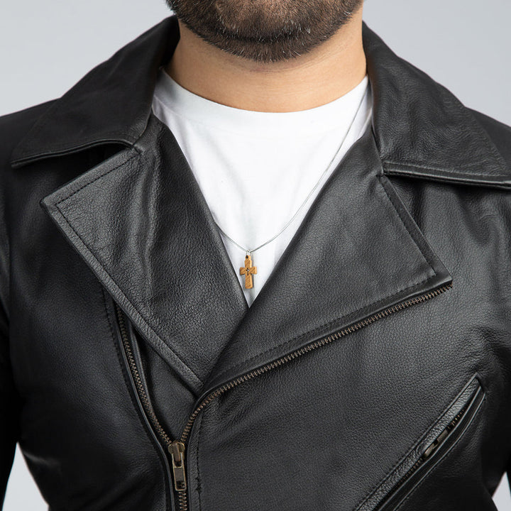 Mild Grain Black Leather Biker Jacket Close