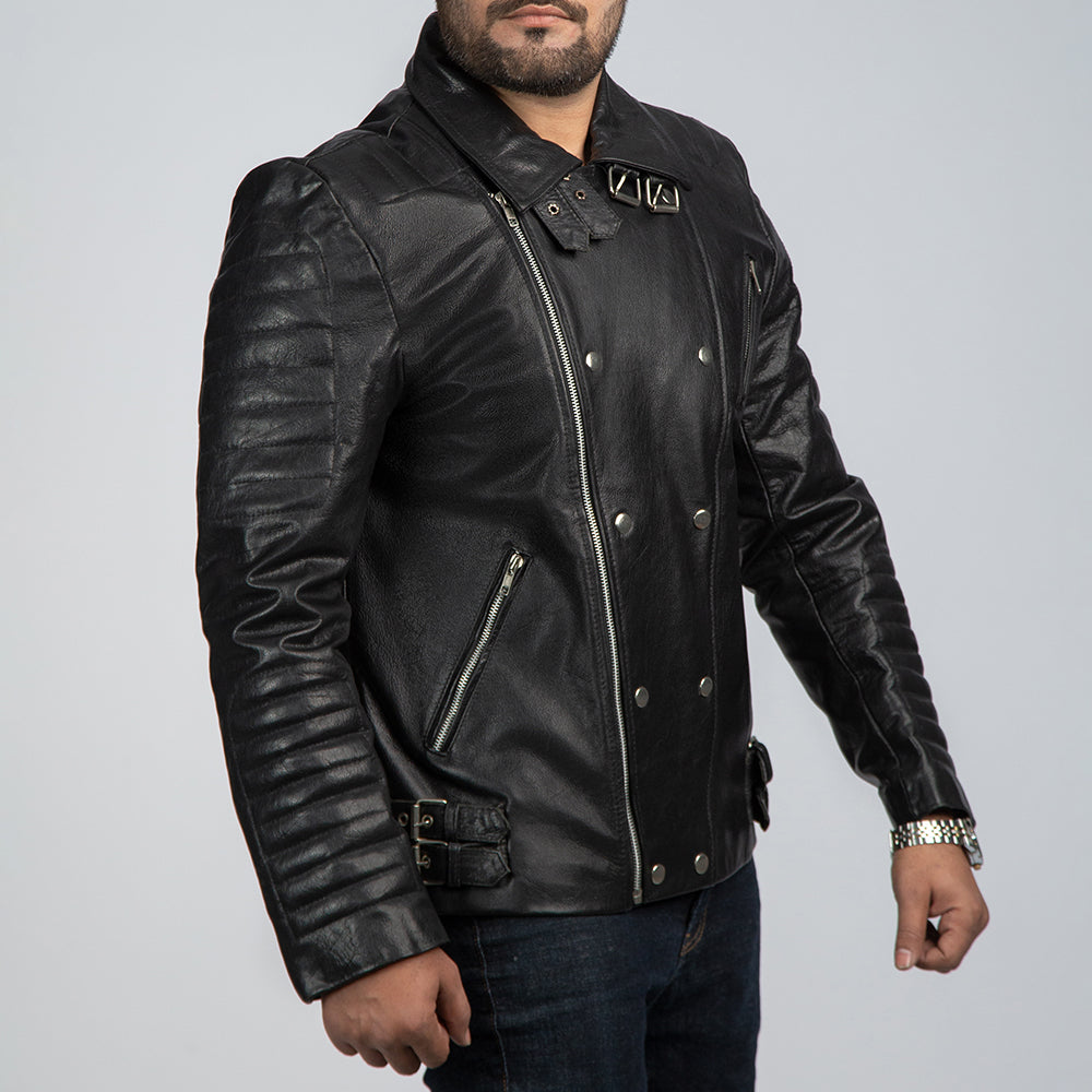Nightwalker Black Leather Biker Jacket Side Pose