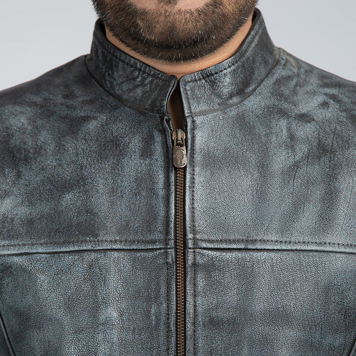 Shooter Distressed Leather Biker Jacket Close