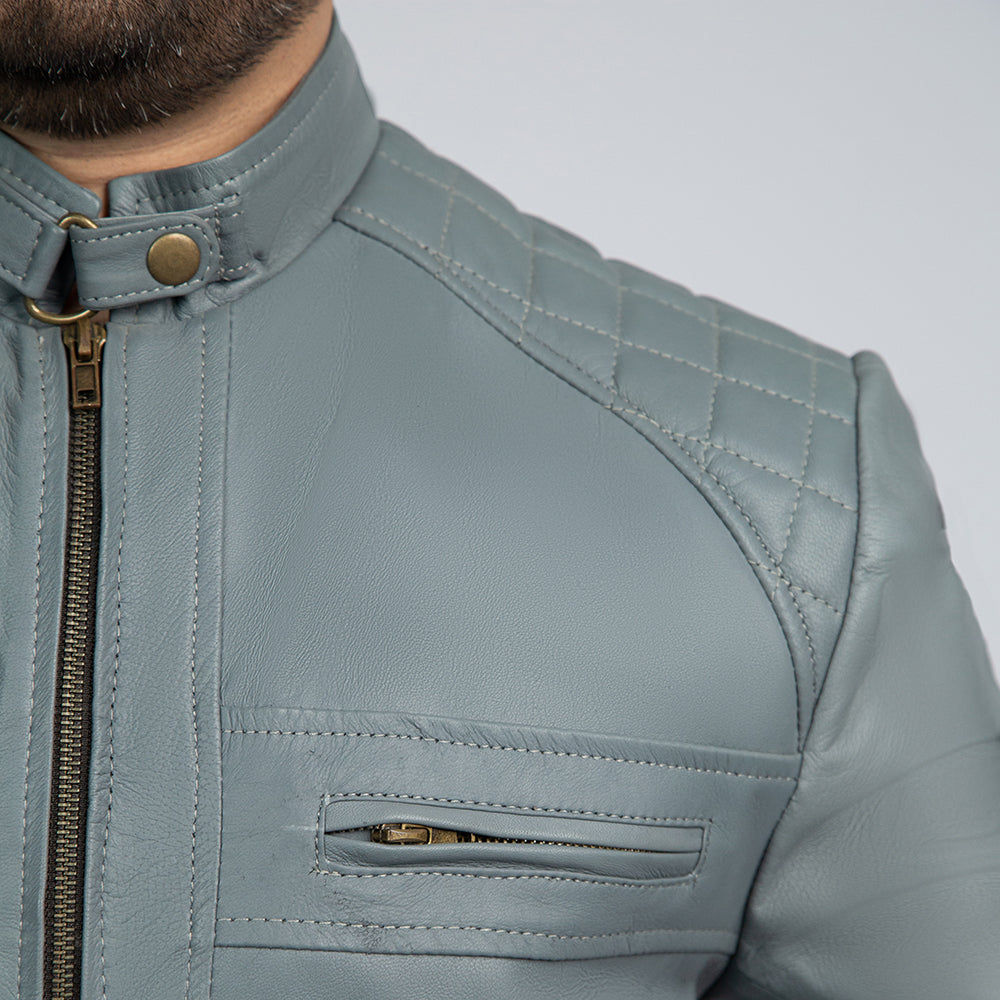 Starboy Grey Leather Biker Jacket Close