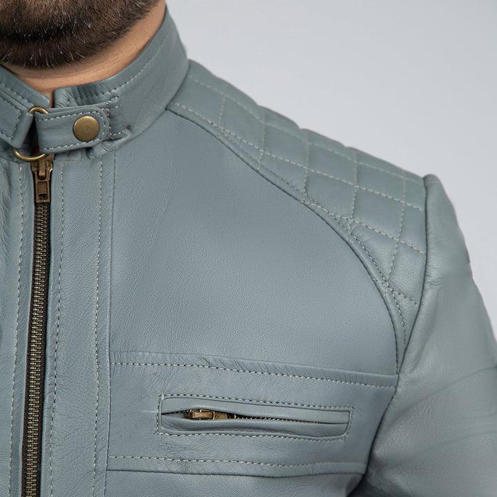 Starboy Grey Leather Biker Jacket Close