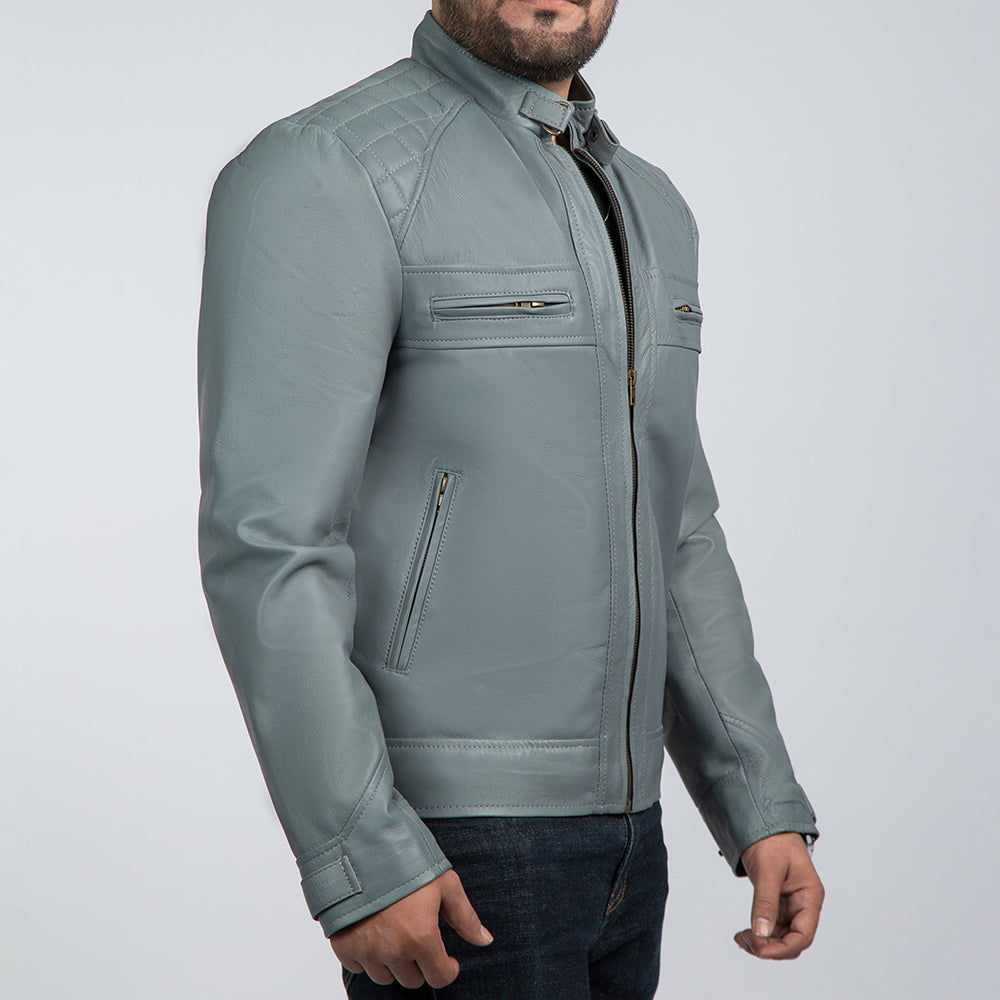 Starboy Grey Leather Biker Jacket Side Pose