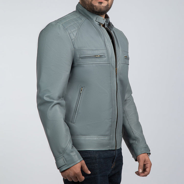 Starboy Grey Leather Biker Jacket Side Pose