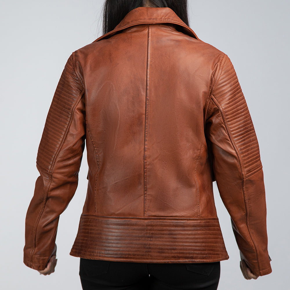 Womens Brown Leather Biker Jacket Back