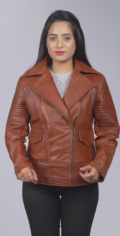 Women's Brown Leather Biker Jacket Video