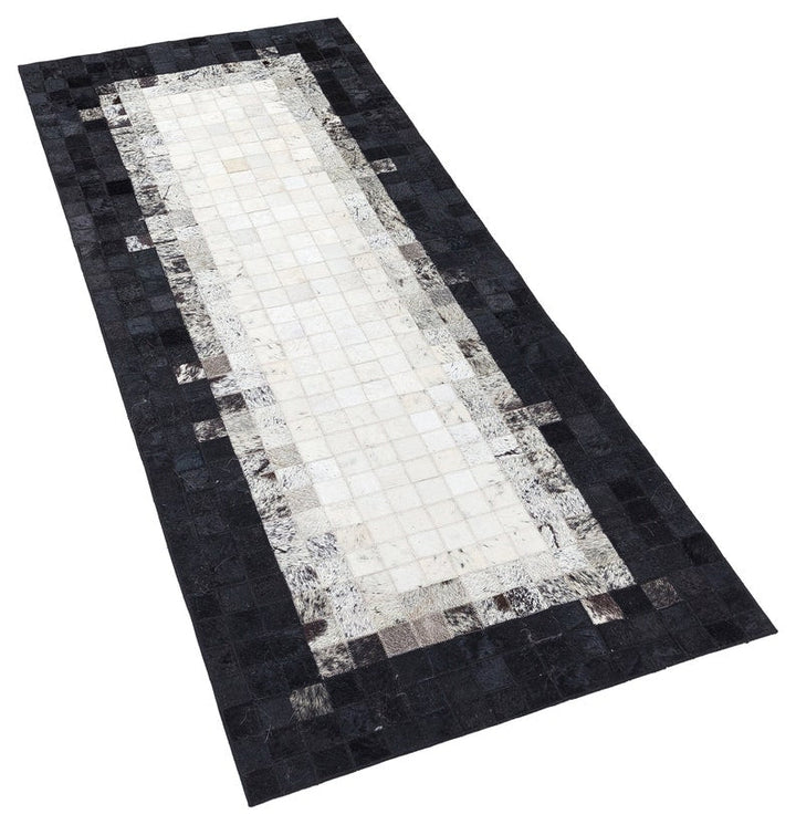 Grey & Black Squares Handmade Cowhide Patchwork Rug